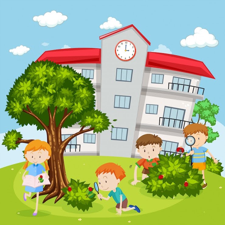 Alt text: *School children exploring a green park with magnifying glasses, observing nature with curiosity and excitement.*